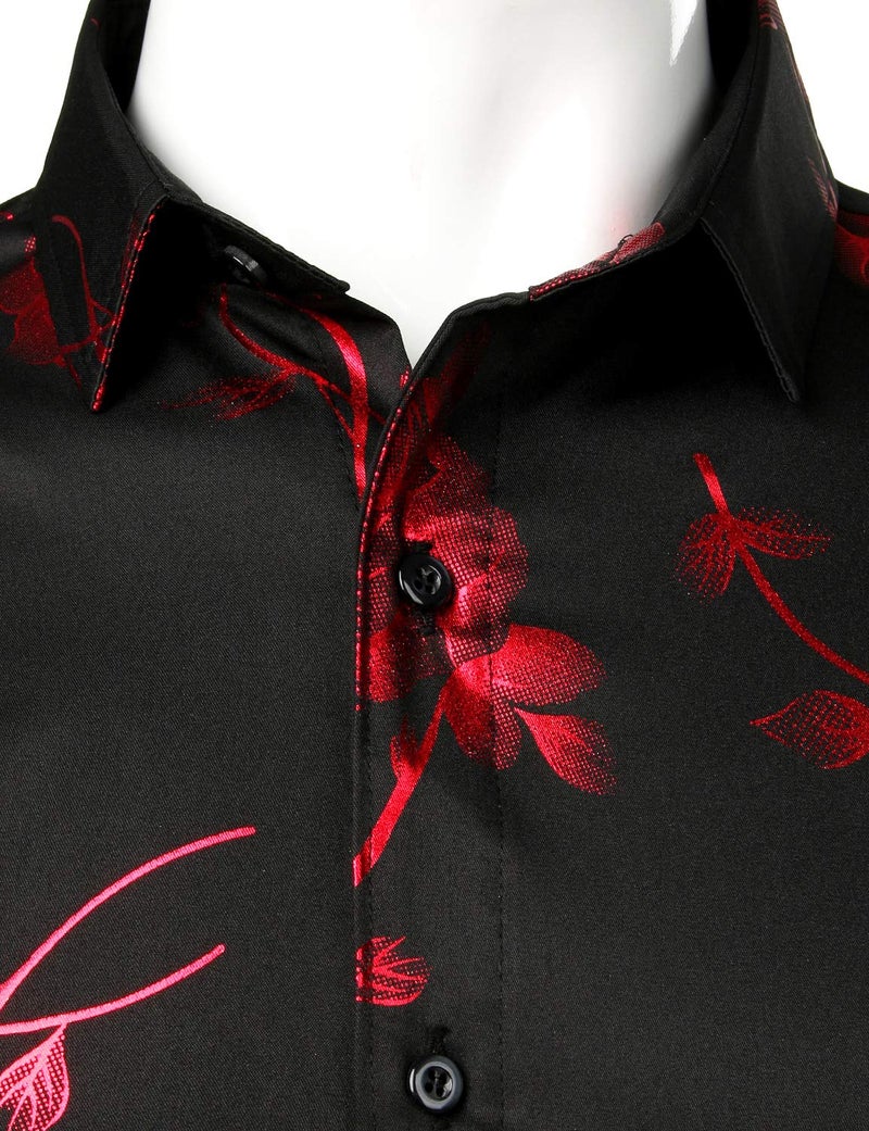 ZEROYAA Mens Hipster 3D Rose Deign Slim Fit Long Sleeve Button Up Dress Shirts ZZCL22 Black Red Medium - Image 3